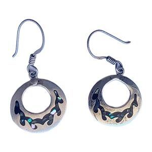 925 Mexico Sterling Silver Abalone Onyx Inlay Dangle Earrings Round  Boho‎